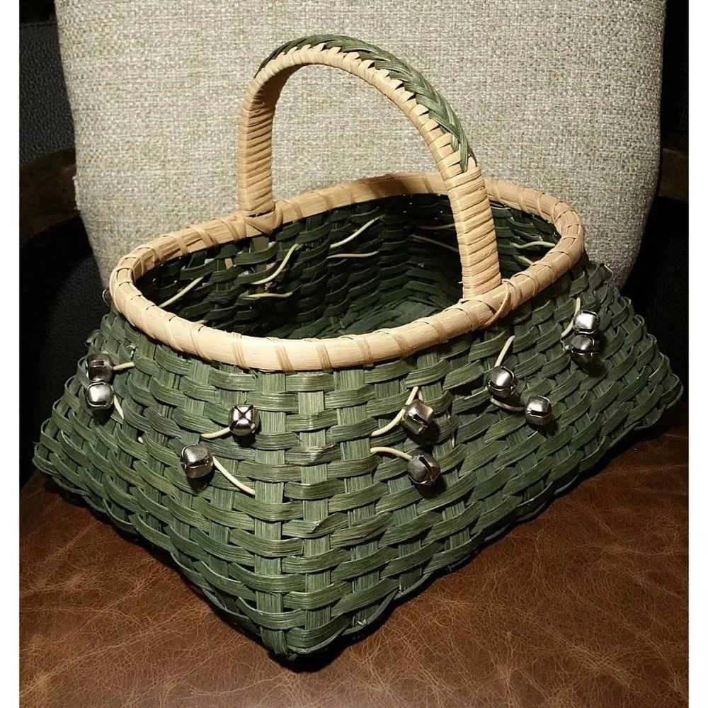 Vintage Woven Christmas Basket with Bells & Braided Handle